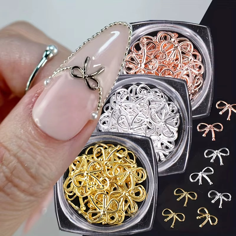 Décos Pot Bijoux d’Ongles 3D – Petits Nœuds Métalliques | Or, Argent et Or Rose (3(