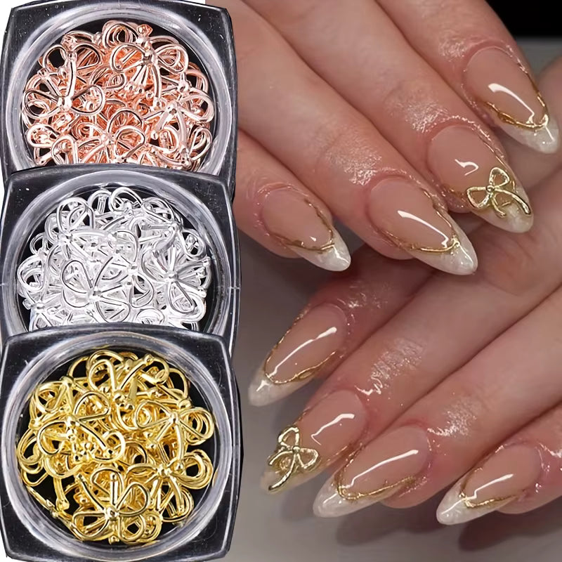 Décos Pot Bijoux d’Ongles 3D – Petits Nœuds Métalliques | Or, Argent et Or Rose (3(
