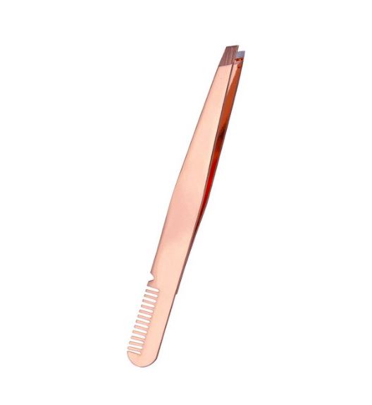 Angled Eyebrow Tweezers with Comb Rose Gold